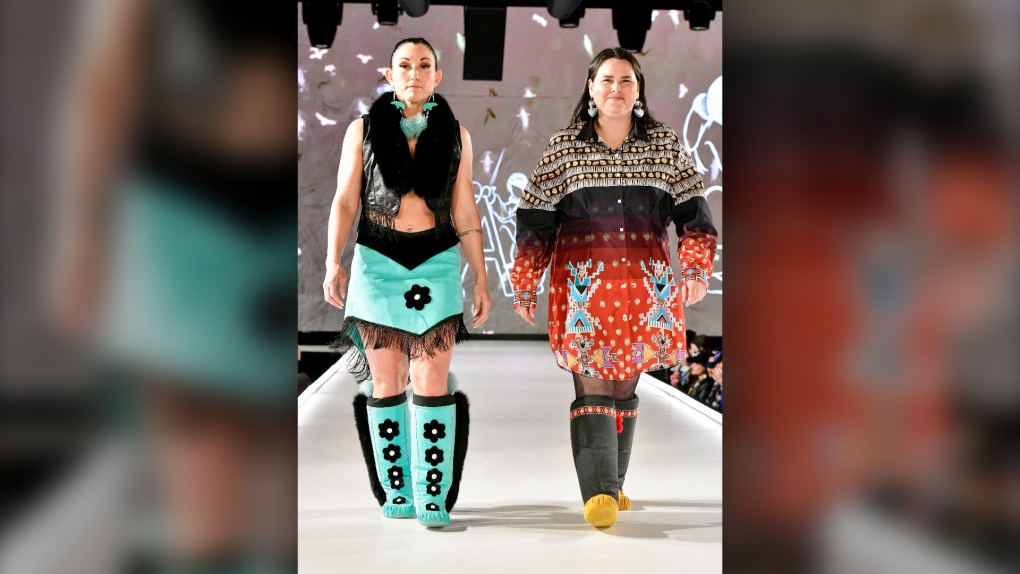 April Allen, right, incorporates fox fur and seal skin and other design elements evocative of Inuit of Nunatsiavut in her designs. (Photo by Eugene Gologursky/Getty Images)