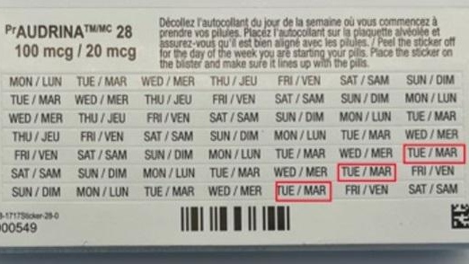 According to Health Canada Audrina 28 birth control pills are being recalled due to labelling issues, seen in the above image, that can lead to dosage confusion. (Photo Courtesy of Health Canada)