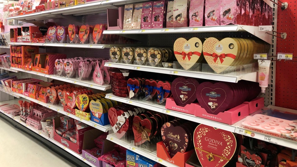 Heart-shaped gift boxes of chocolates in a Target store aisle in Queens, New York, are pictured here in January 2023. (Lindsey Nicholson/UCG/Universal Images Group/Getty Images)