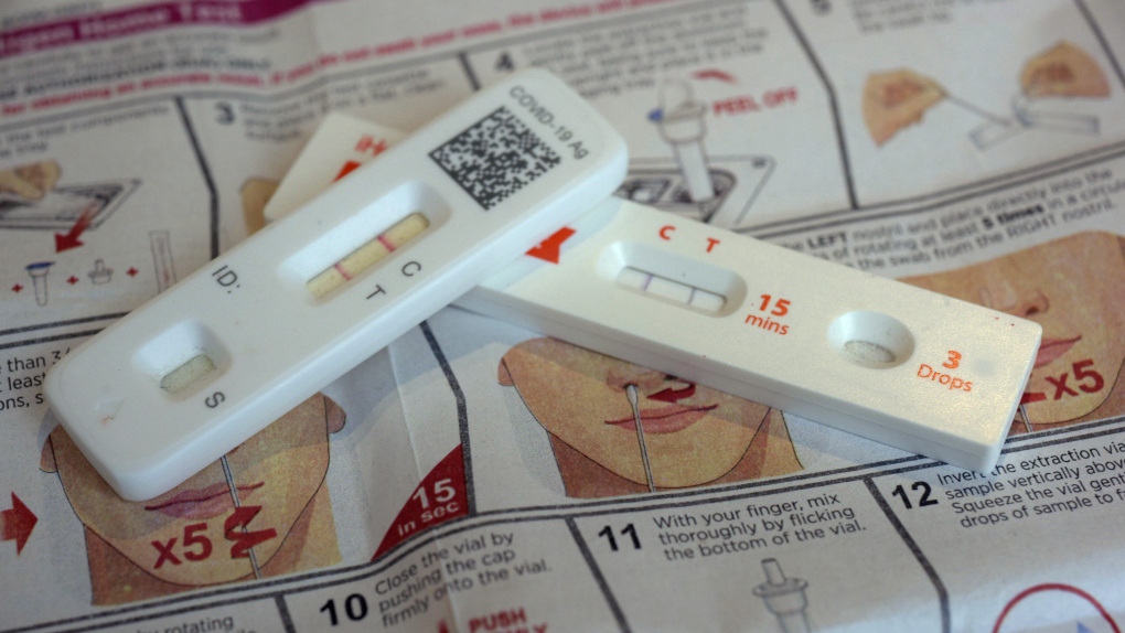 COVID-19 antigen home tests indicating a positive result are photographed in New York on Wednesday, April 5, 2023. (AP Photo/Patrick Sison)