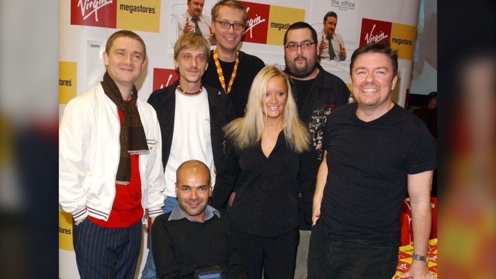 Ewen MacIntosh (second from right) with other members of the cast of 'The Office' in 2003. (Ian West/PA Images/Getty Images)