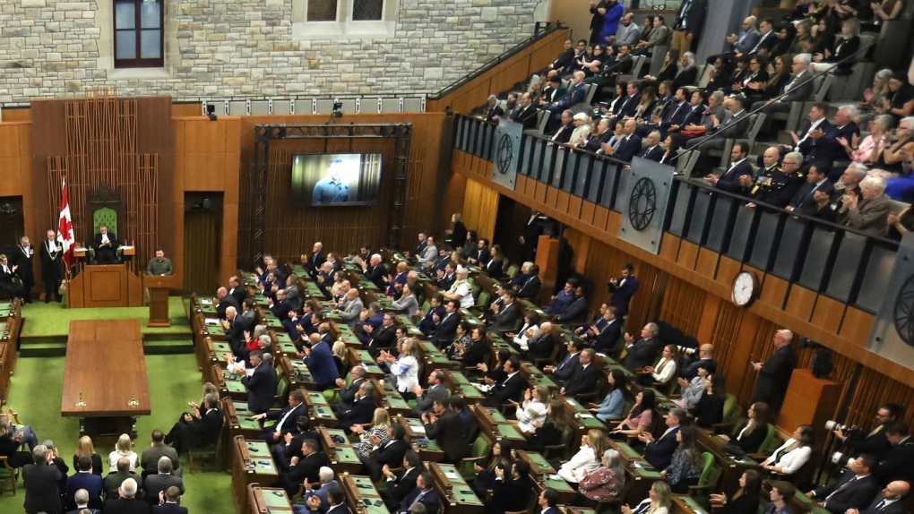 Overall view of Ukrainian President Volodymyr Zelenskyy speaking in the House of Commons in Ottawa on Friday, Sept. 22, 2023. Yaroslav Hunka, 98, watches and applauds at far right, centre. It later emerged that Hunka had fought in Ukraine during the Second World War with the Waffen-SS Galicia Division, a voluntary unit created by the Nazis to help fight off the Soviet Union. (THE CANADIAN PRESS/Patrick Doyle)