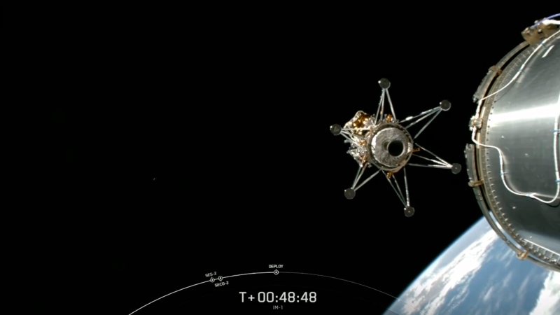 This image from video provided by SpaceX via NASA TV shows Intuitive Machines' lunar lander separating from the rocket's upper stage and heading toward the moon, on Feb. 15, 2024. (SpaceX -NASA TV via AP)