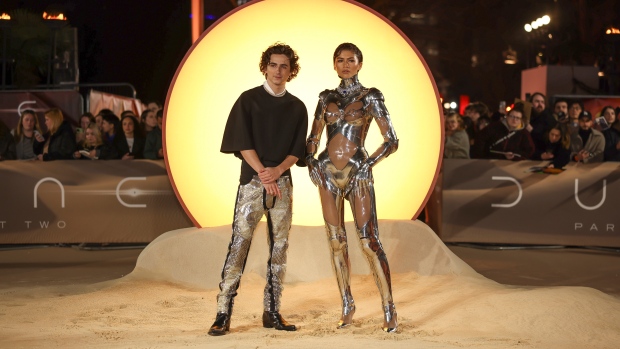 Timothee Chalamet, left, and Zendaya pose for photographers upon arrival at the World premiere of the film 'Dune: Part Two' on Thursday, Feb. 15, 2024 in London. (Photo by Vianney Le Caer/Invision/AP)