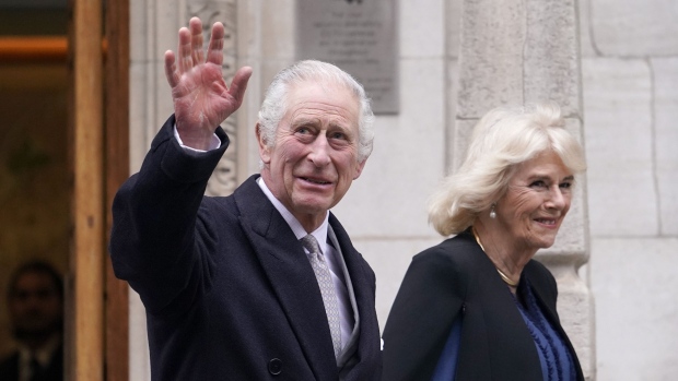 King Charles III and Queen Camilla leave The London Clinic in central London, Monday, Jan. 29, 2024.<br><br>
Buckingham Palace announced Monday evening that the king has begun outpatient treatment for an undisclosed form of cancer. He had been in hospital to receive treatment for an enlarged prostate.<br><br>
As King Charles undergoes treatment for cancer, with his elder son and siblings set to step up and take on royal duties during his absence, these are the 10 people in the order of succession to the throne.<br><br>
(AP Photo/Alberto Pezzali)
