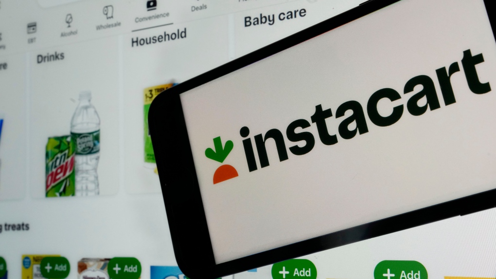 An instacart logo and an instacart webpage are shown in this photo, in New York, Wednesday, Sept. 6, 2023. (AP Photo/Richard Drew)