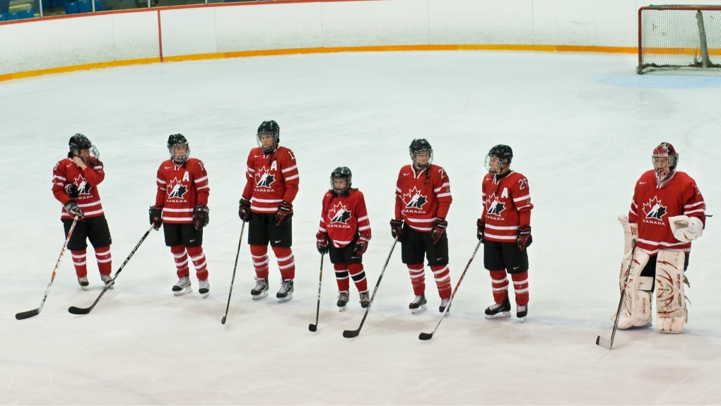 Maggie Connors lines up for the national anthems during the 4 Nations Cup in Mount Pearl, N.L. The competition had come to Newfoundland and Labrador, and Connors had won a competition to spend time with the national women’s hockey team. (Susan Fagan)