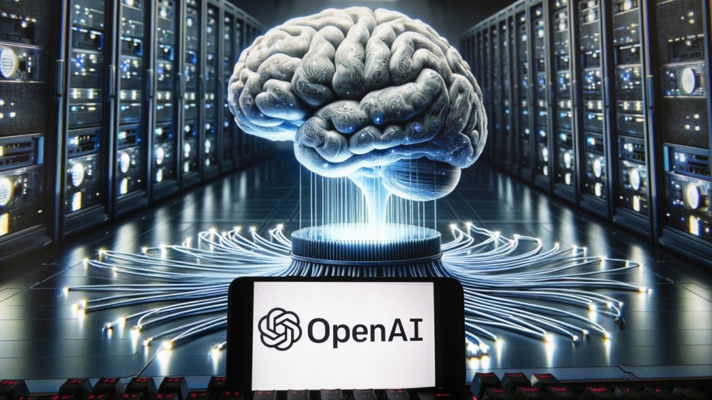 The OpenAI logo is seen displayed on a cellphone with an image on a computer monitor generated by ChatGPT's Dall-E text-to-image model, Dec. 8, 2023, in Boston. AP, Michael Dwyer